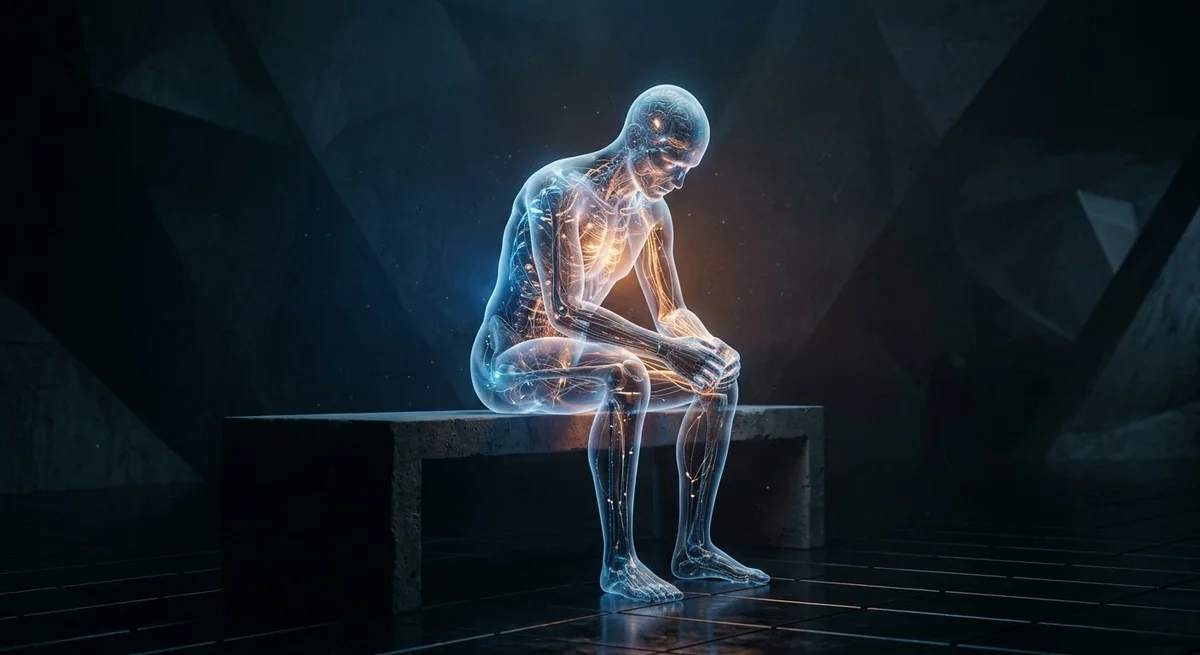 A translucent human figure seated in thought, internal structure glowing — the endoskeleton made visible