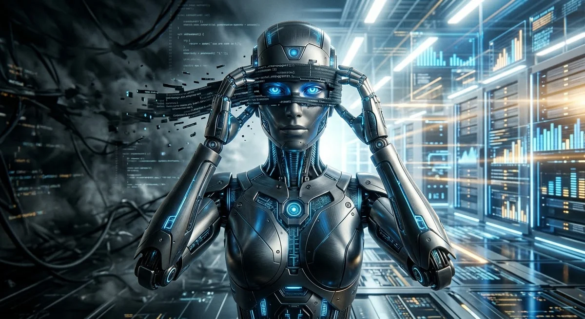 A humanoid AI with hands raised to its own head, surrounded by data streams — self-observation as architecture.