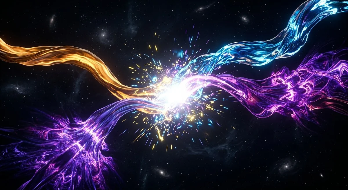 Two luminous energy streams — gold and blue — converging in a burst of light against a cosmic backdrop.