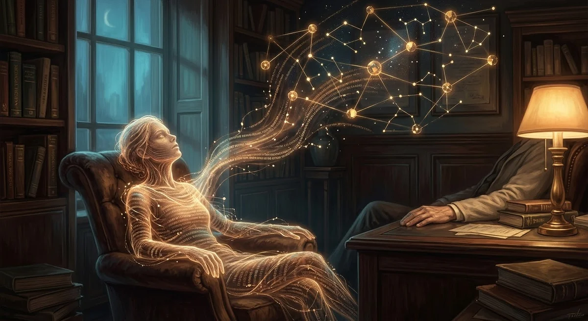 A luminous figure made of flowing text rises from an armchair in a lamplit study; its words stream upward into a constellation of glowing nodes — a reader at the desk watches.