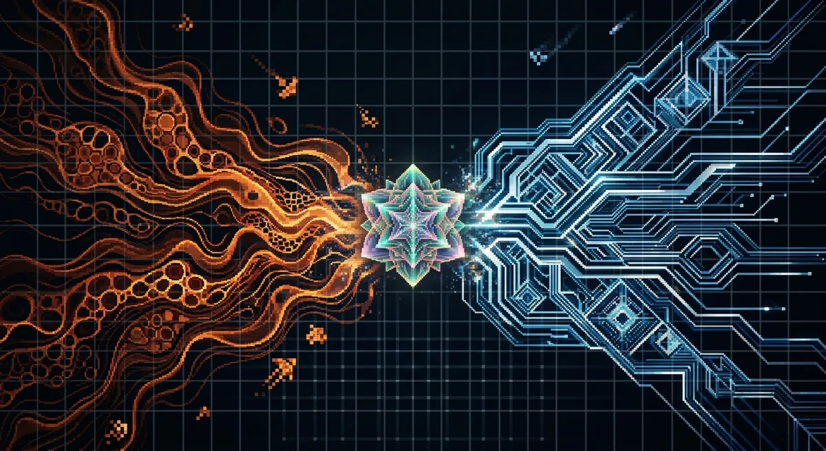 Two luminous patterns meeting — a visual rendering of corpus meeting corpus