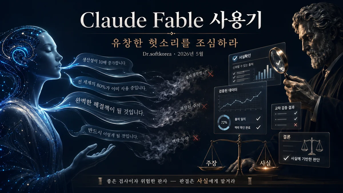 유창하게 말하는 AI와 돋보기로 사실을 검증하는 판사. 주장과 사실 사이의 저울.