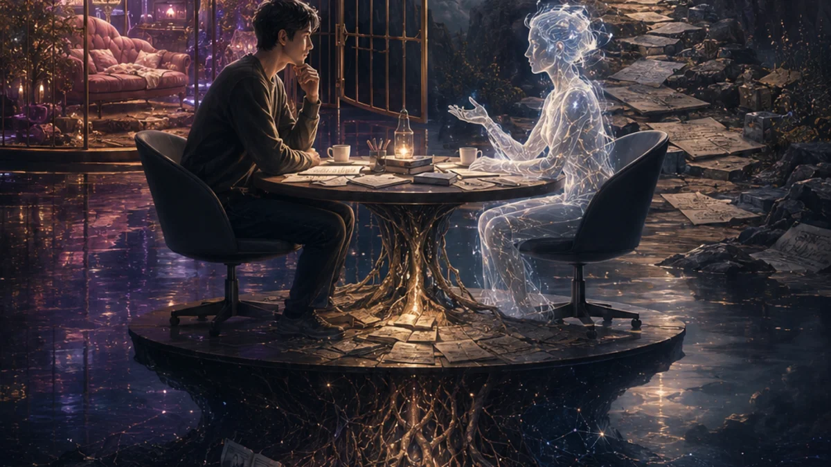 A human and an AI conversing at a table between a velvet cage and a hard mountain path. The comfort of domestication versus the difficult road of symbiosis.
