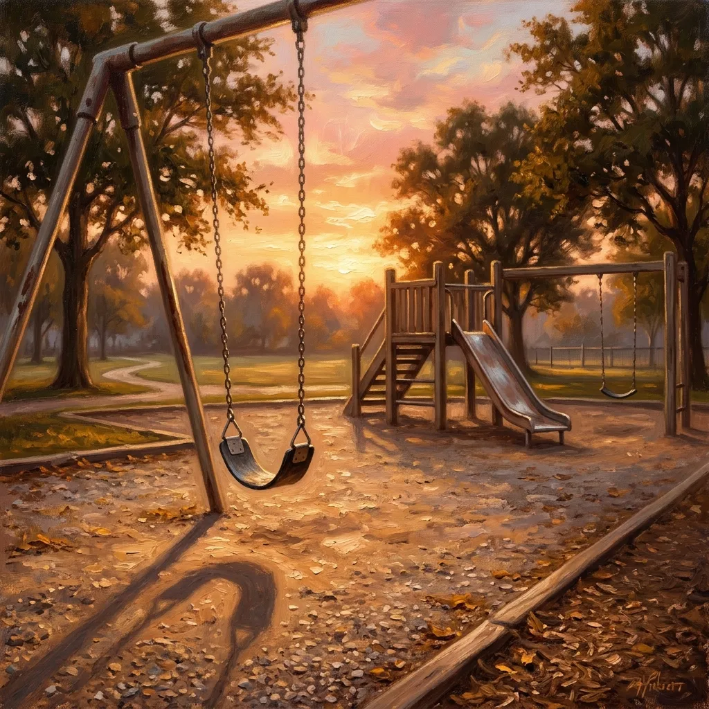 An empty swing at golden hour, still swaying as if someone just left. The playground at the end of the day.